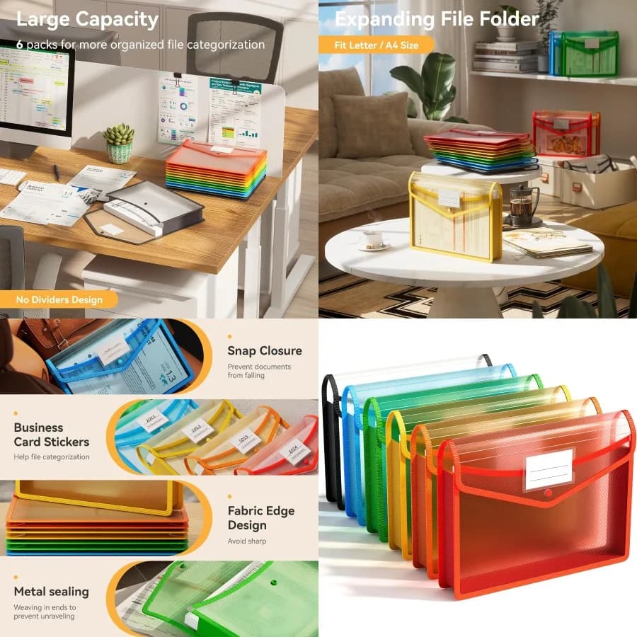 Confezione da 6 cartelle di file espandibili in plastica con chiusura a scatto per organizzare documenti Buste di file a fisarmonica trasparenti colorate wi