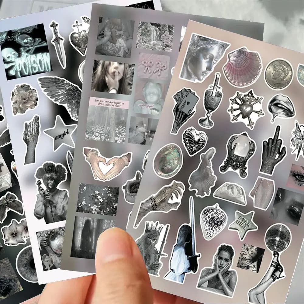 8 Fogli di Adesivi Fustellati Y2K Dark Gothic Dreamcore, Stile Retrò, Materiali per Diario Fai-da-Te, Cancelleria per Junk Journal