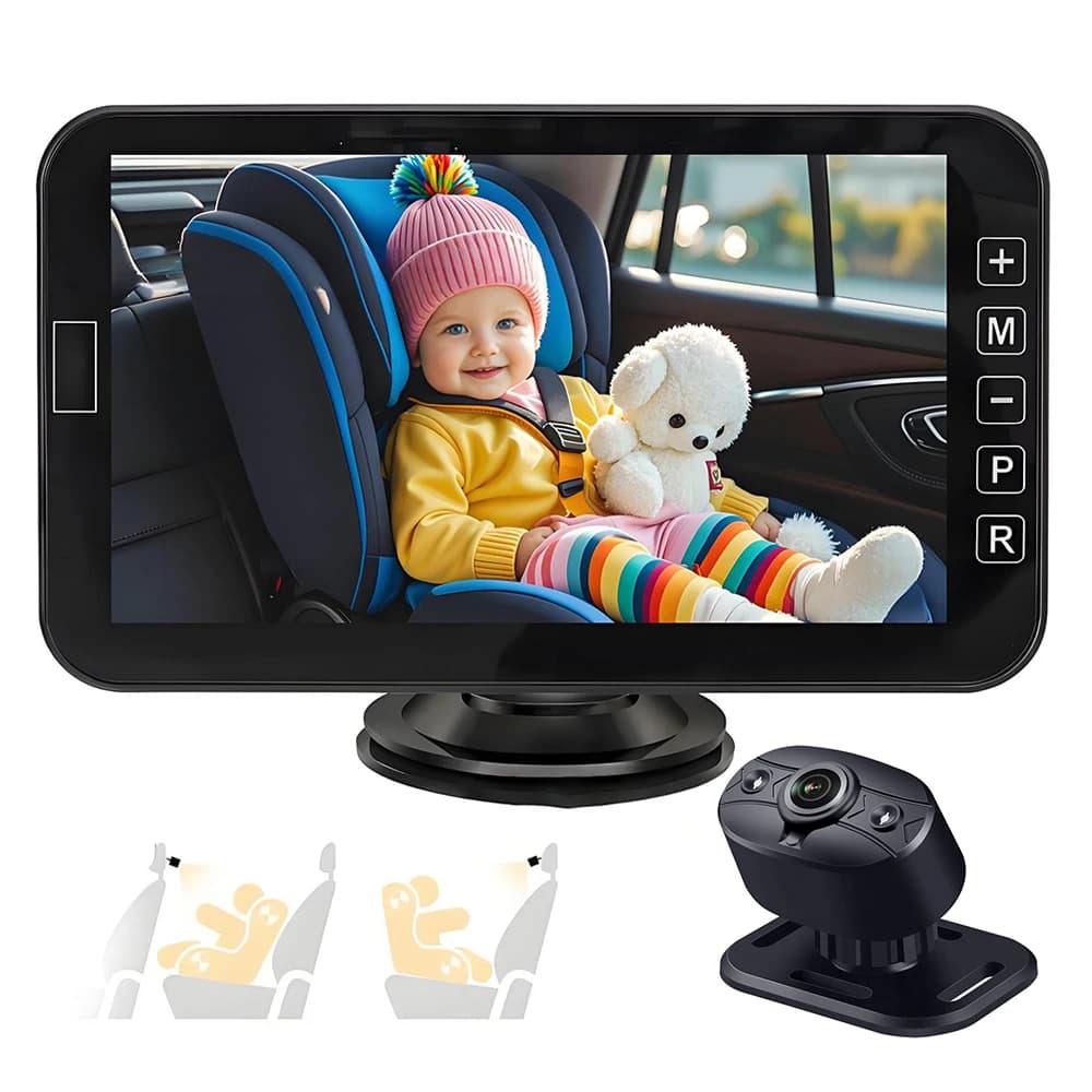 Monitor per Bambini da Auto con Schermo IPS da 7'' Telecamere Posteriori CVBS/AHD Grandangolari Monitoraggio in Tempo Reale dei Bambini