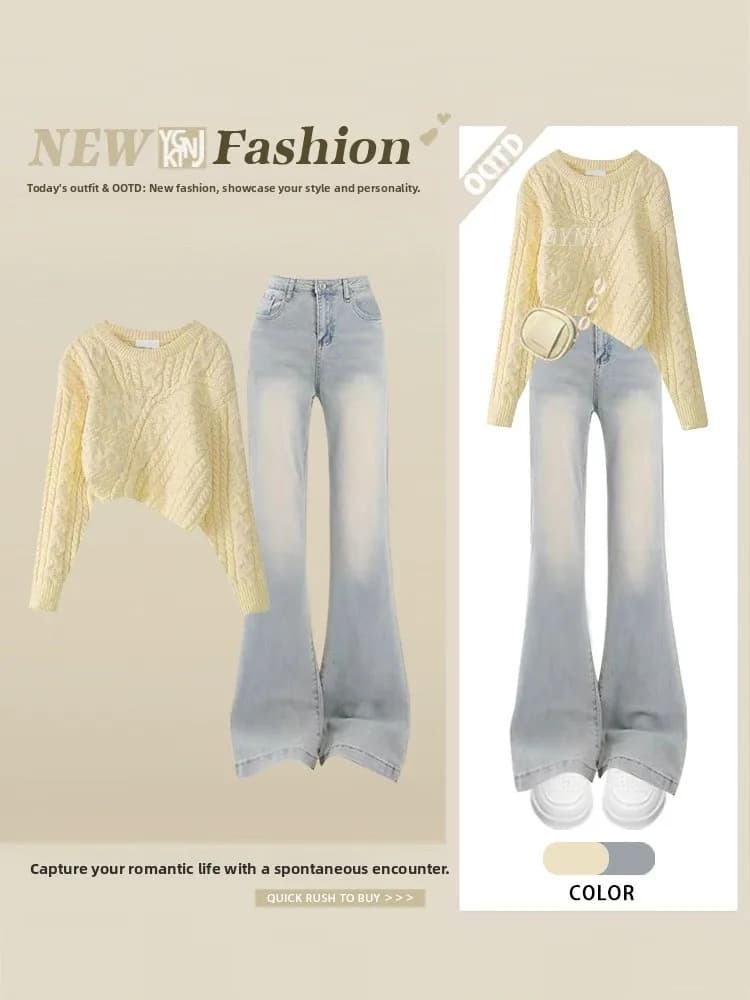 Set di Top Lavorato a Maglia e Jeans Modellanti per Donna, Stile Dolce, Moda Autunnale, Abbigliamento Casual che Valorizza la Silhouette con Design Asimmetrico