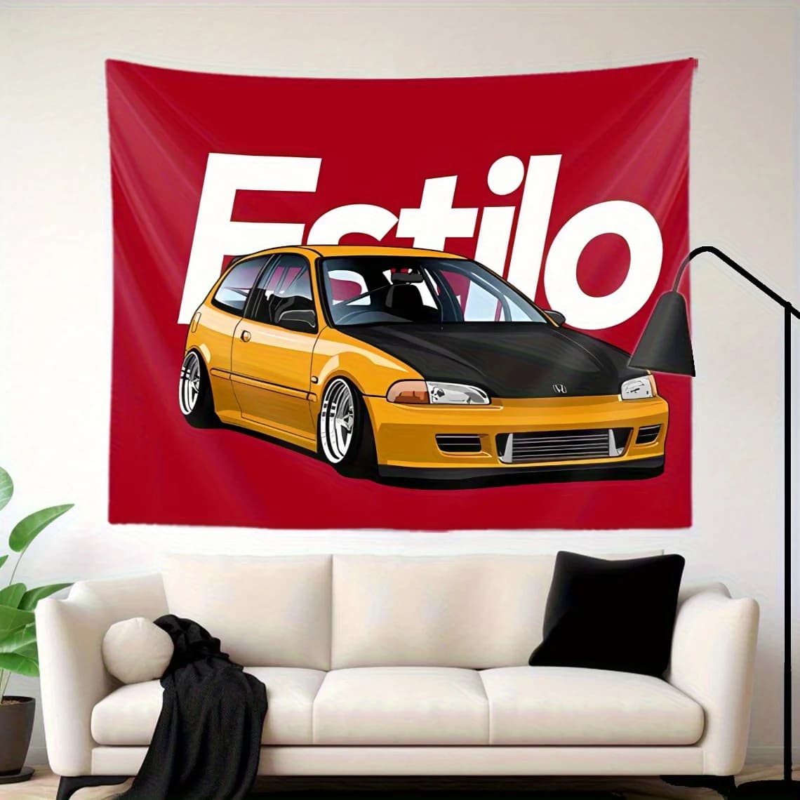 Automotive Tapestry Honda Civic Yellow Black Car Art Wall Decor Poster Large Size 150x300cm Garage Auto Gift Print