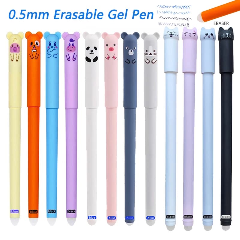 12 pezzi creativi 0,5 mm blu/nero animali elefante orso gatto penne gel cancellabili, manico lavabile ricariche magiche asta forniture per scrittura