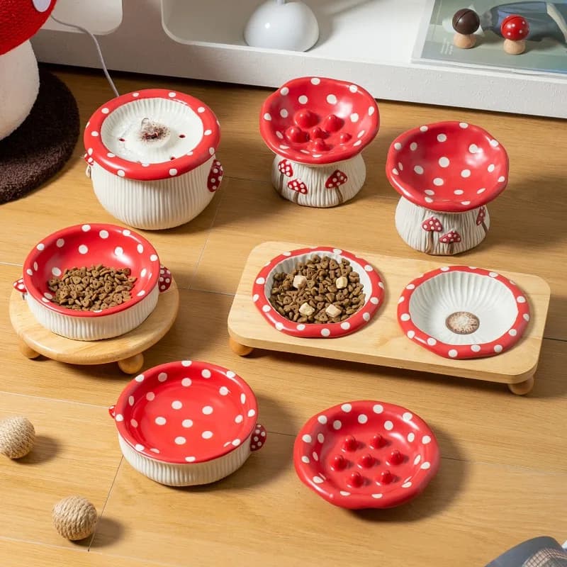 Cute Red Mushroom Series Ceramic Pet Bowl for Dog Cat Feeding Watering Household Dog Cat Food Bowl Cat Food Water Bowl