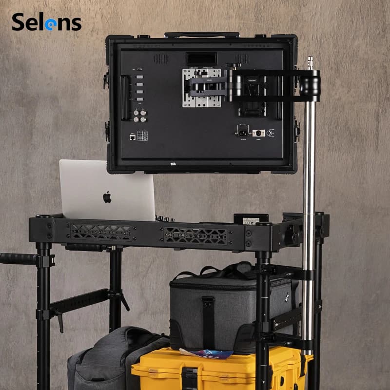 Sistema di supporto per monitor Selens con rotazione a doppia sezione, asta da 35 mm con attacco baby pin da 5/8”, altezza regolabile per workstation su carrello Selens