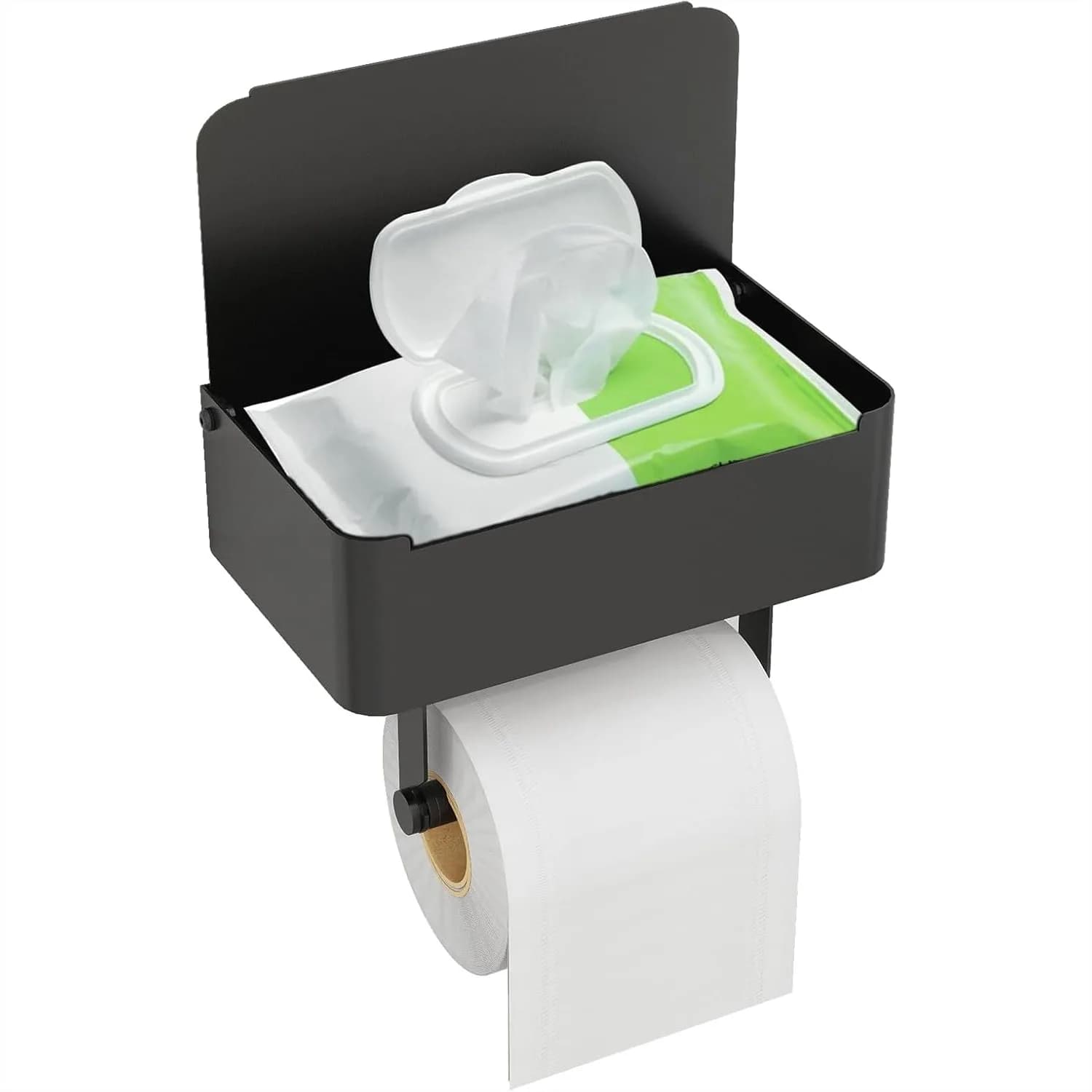 Portarotolo da parete con mensola, dispenser salviette per bagno, organizer in acciaio inossidabile nero opaco