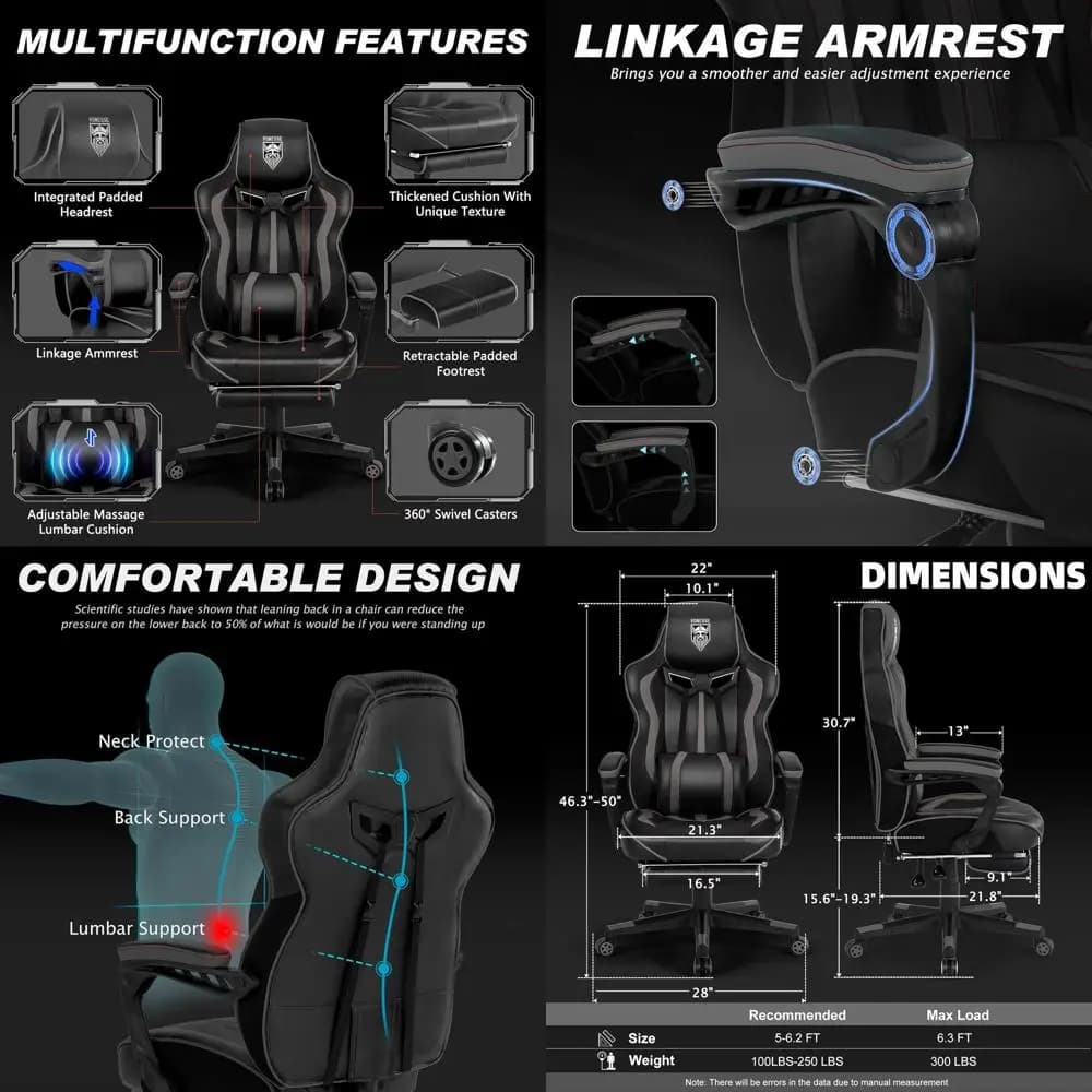 Sedia da Gaming Ergonomica Reclinabile con Poggiapiedi e Massaggio per Adulti - Grande e Alta, Nera/Grigia