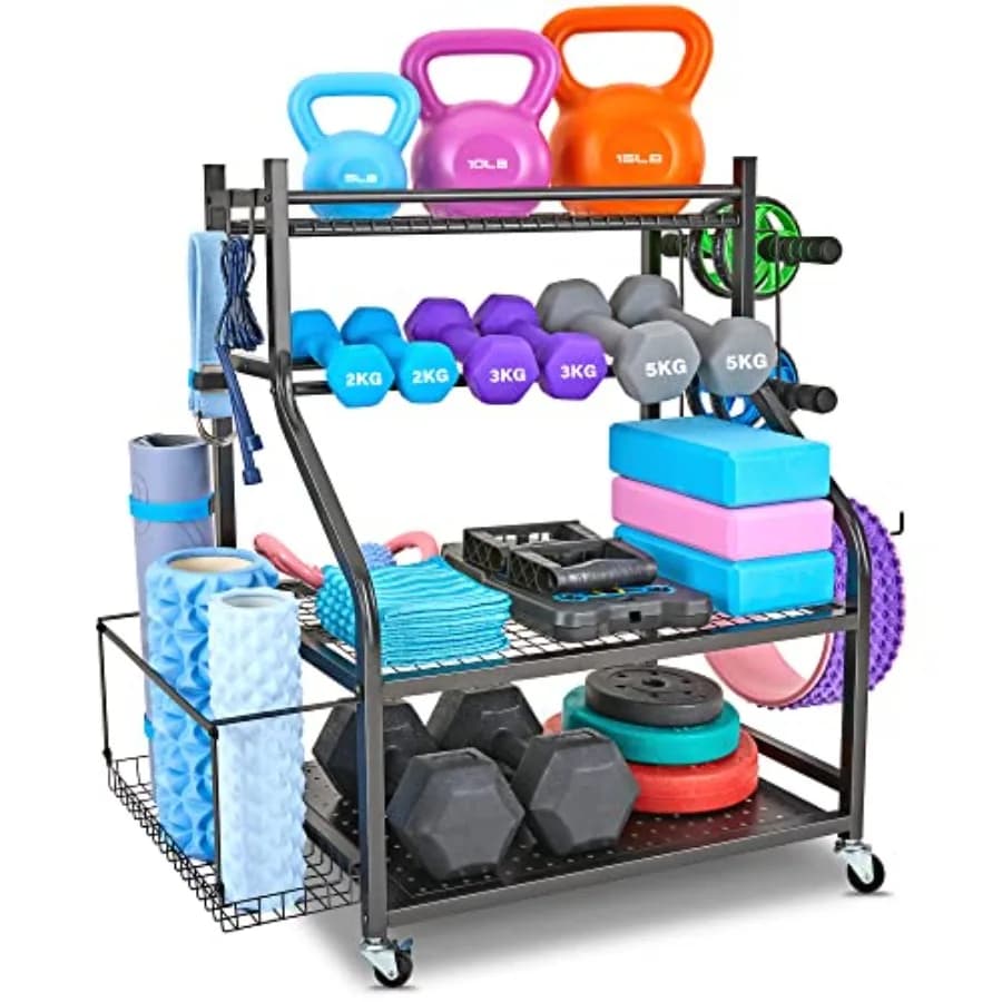 Home Gym Organizer with Wheels, Manubri Door, Yoga Mats and Kettlebell, Black Steel Structure