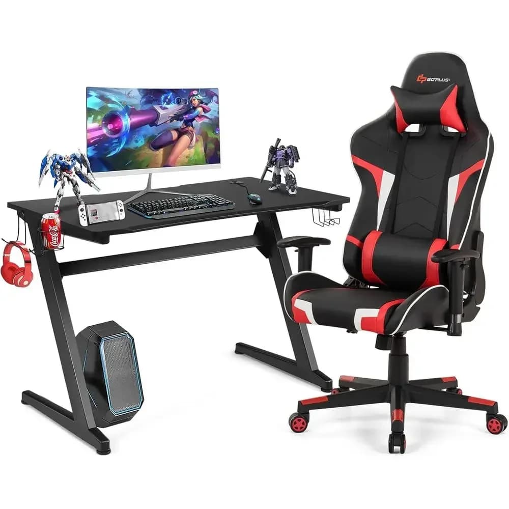 Set Scrivania e Sedia da Gaming Ergonomica Stile Racing con Portabicchieri, Gancio Poggiatesta e Tappetino Mouse (Rosso)