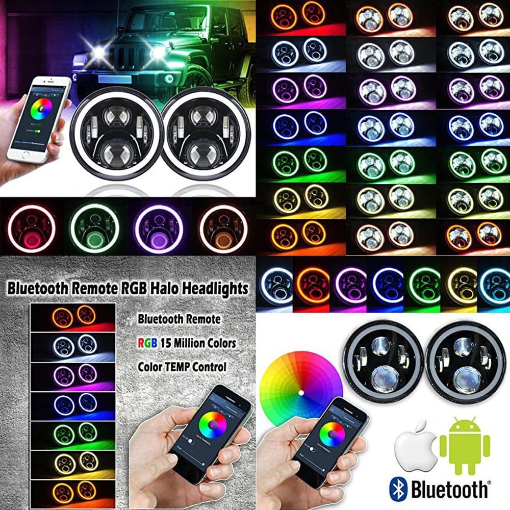 Fari LED Multicolore SXMA J223-2RGB con Anello LED, Gruppo Fari da 7 Pollici, 2 Pezzi per Navi, Auto, SUV, Camion e Veicoli
