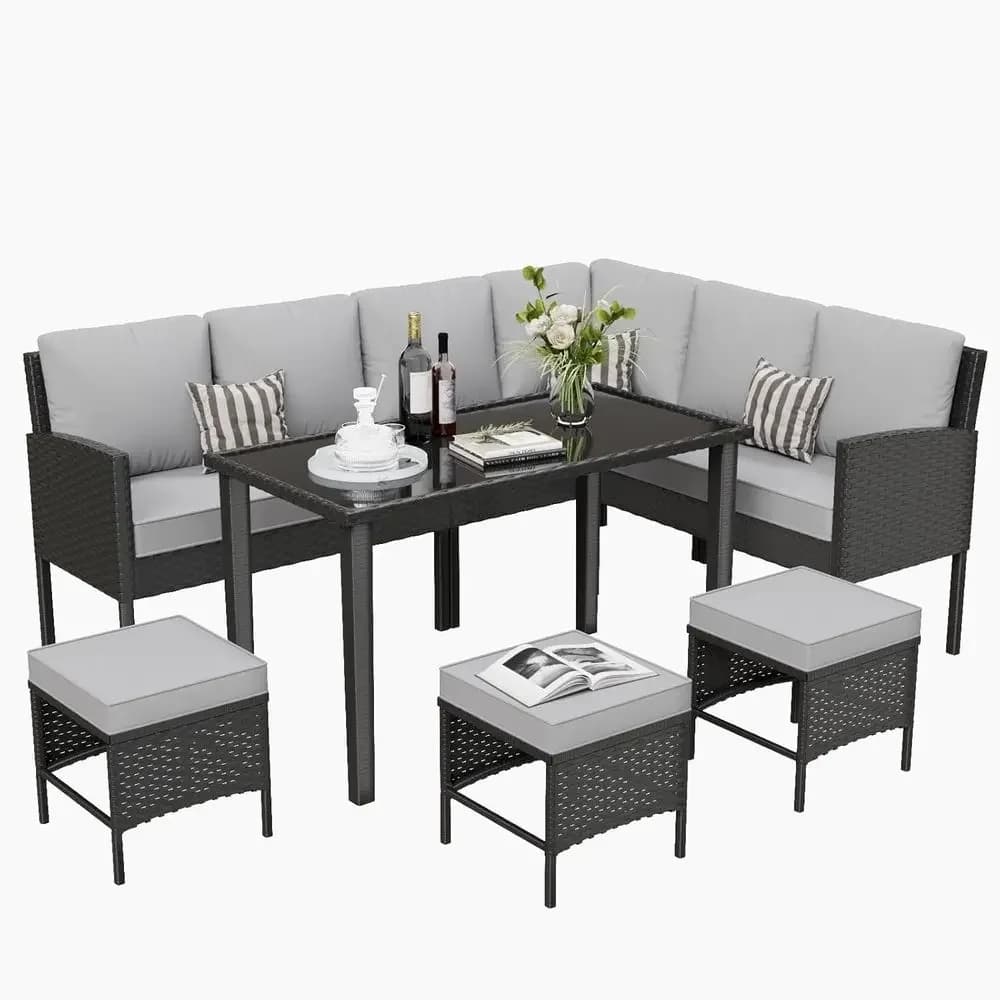 7-Piece Outdoor Patio Wicker Sectional Sofa Set with Cushions and Pillows, Weather-Resistant for Porch, Garden, Gray