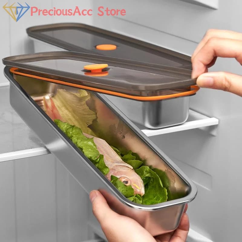 201 Stainless Steel Fresh-keeping Box Bacon Tray With Lid For Fruits Vegetables Meats Kitchen Cleaning Refrigerator Storage