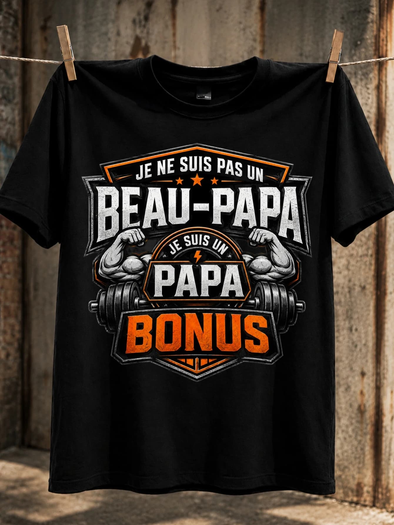French Bonus Dad Strength muscular arms dumbbell and orange accents bold industrial family for Unisex All T-Shirt