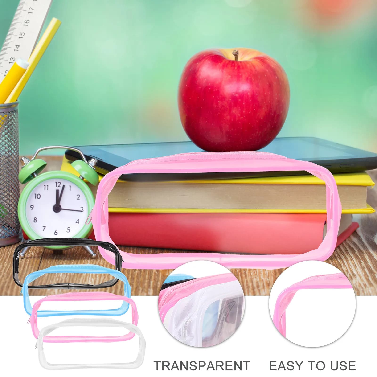 Astuccio trasparente da 4 pezzi, custodia per penne antigraffio con chiusura liscia con cerniera, custodia leggera per cancelleria, per studenti, insegnanti, trucco