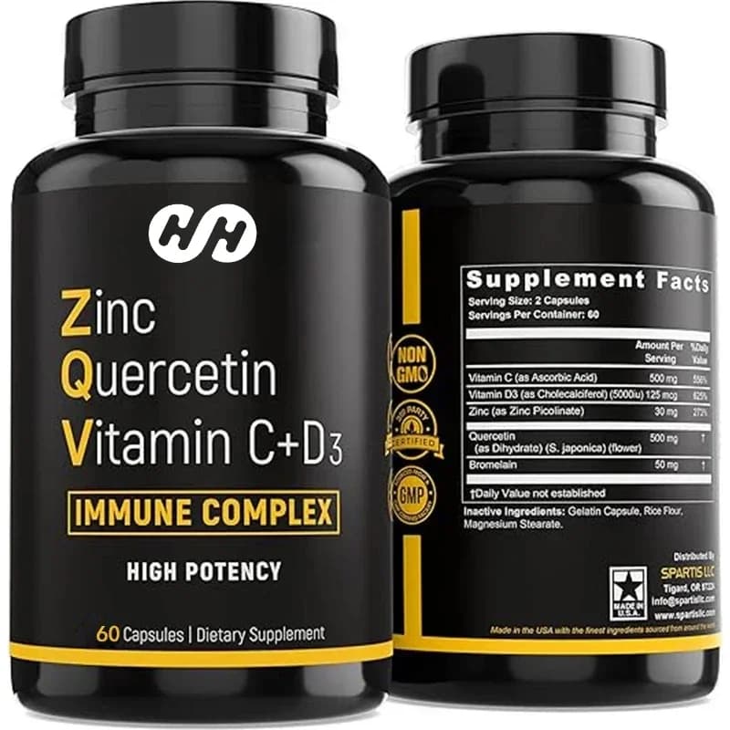 Zinc Quercetin 500 mg, vitamin C, vitamin D3, immune support in bromelin, efficient zinc supplement Quercetin