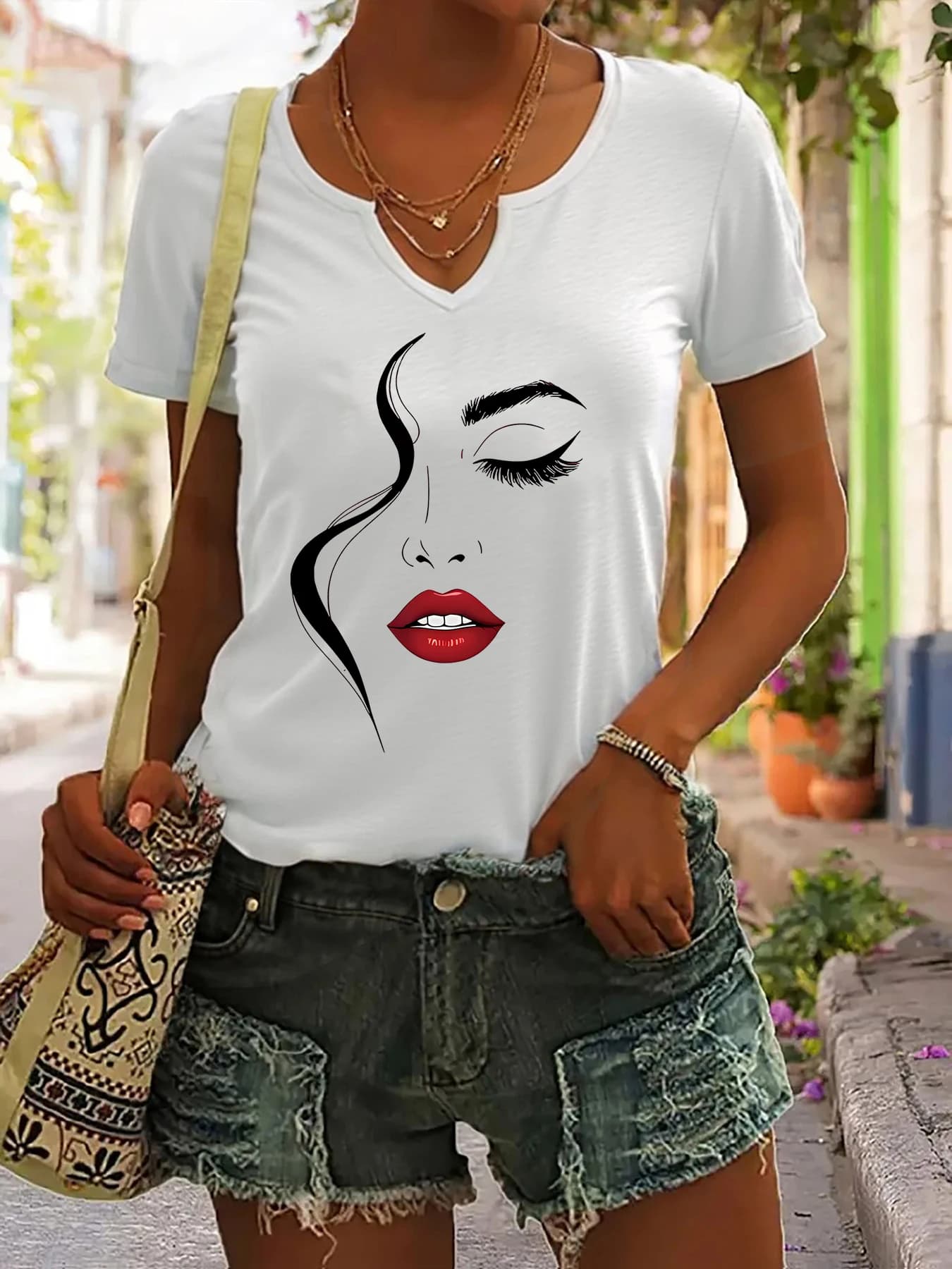 T-shirt estiva da donna a maniche corte con scollo a V, stampa artistica astratta con volto che fa il sorriso, top alla moda casual dall'estetica glamour