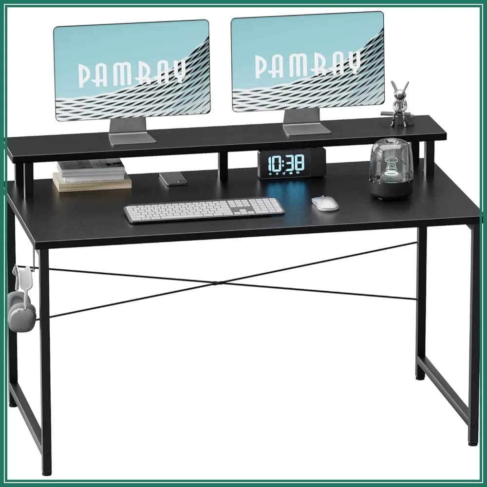 Scrivania Compatta da 47 Pollici con Supporto per Monitor e Gancio per Cuffie, Ideale per Piccoli Spazi e Ufficio Domestico, Nera