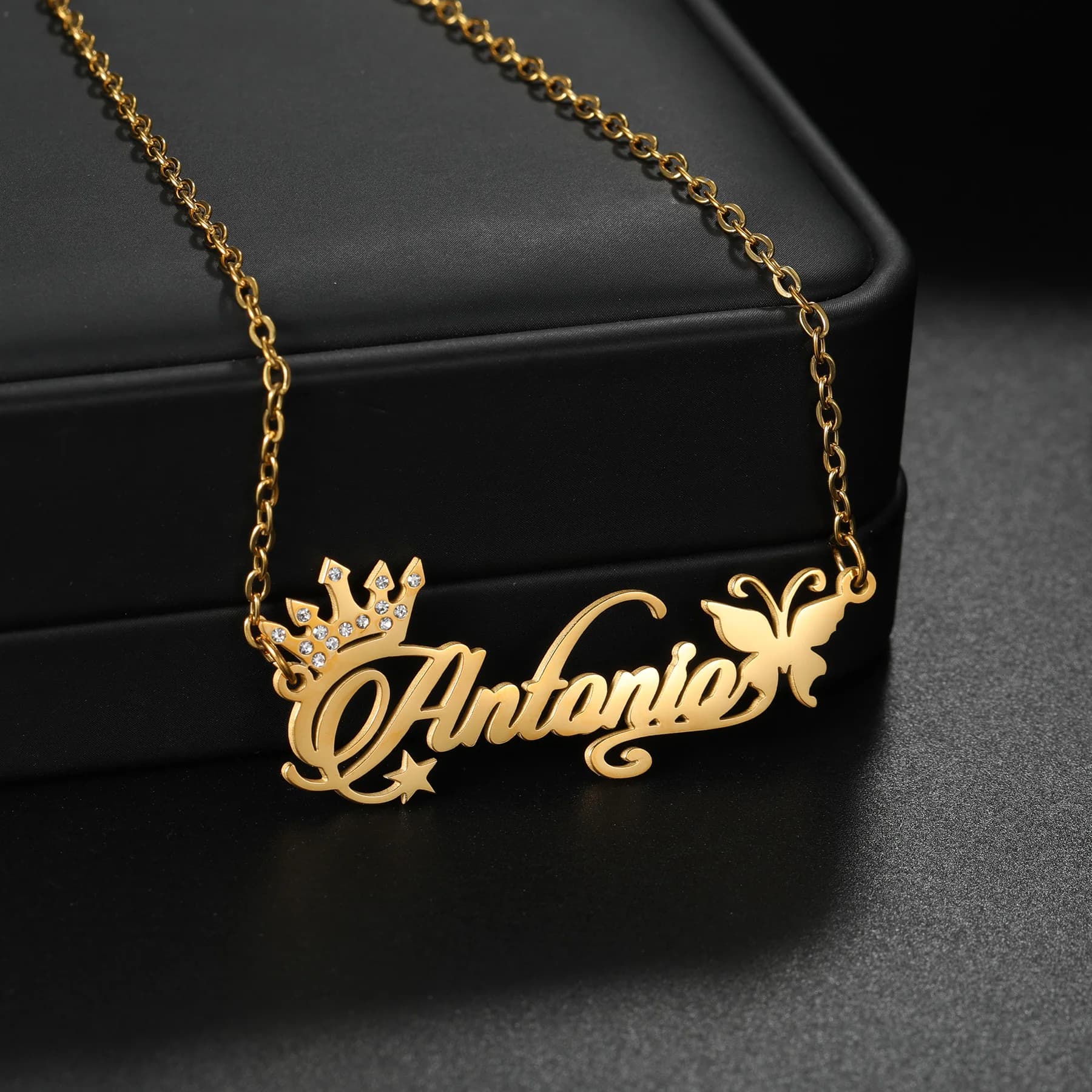 Acheerup Personalized Name Zircon Crown Women Necklace Stainless Steel Custom Lace Letter Butterfly Chain Jewelry Birthday Gift