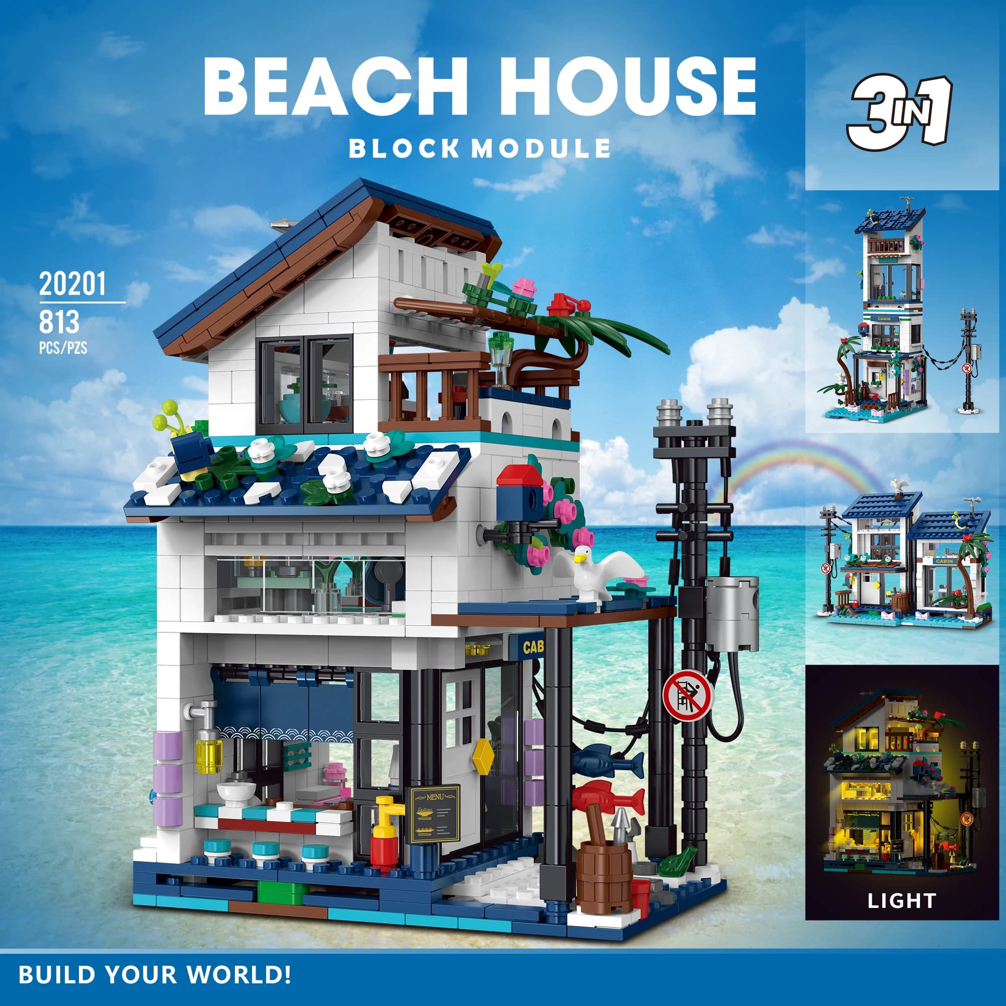 Set di blocchi da costruzione per villa sul mare 3 in 1, kit modello architettonico fai-da-te, giocattolo creativo per l'assemblaggio di modelli MOC, regalo di compleanno per bambini