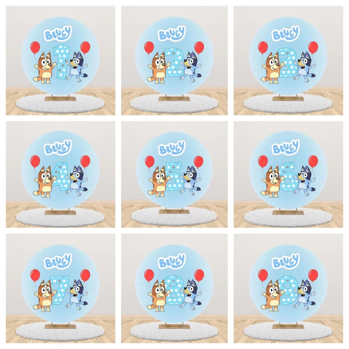 Sfondo rotondo Bluey con cane dei cartoni animati, decorazione per feste di compleanno per bambini da 1 a 9 anni, baby shower, sfondo circolare per foto.