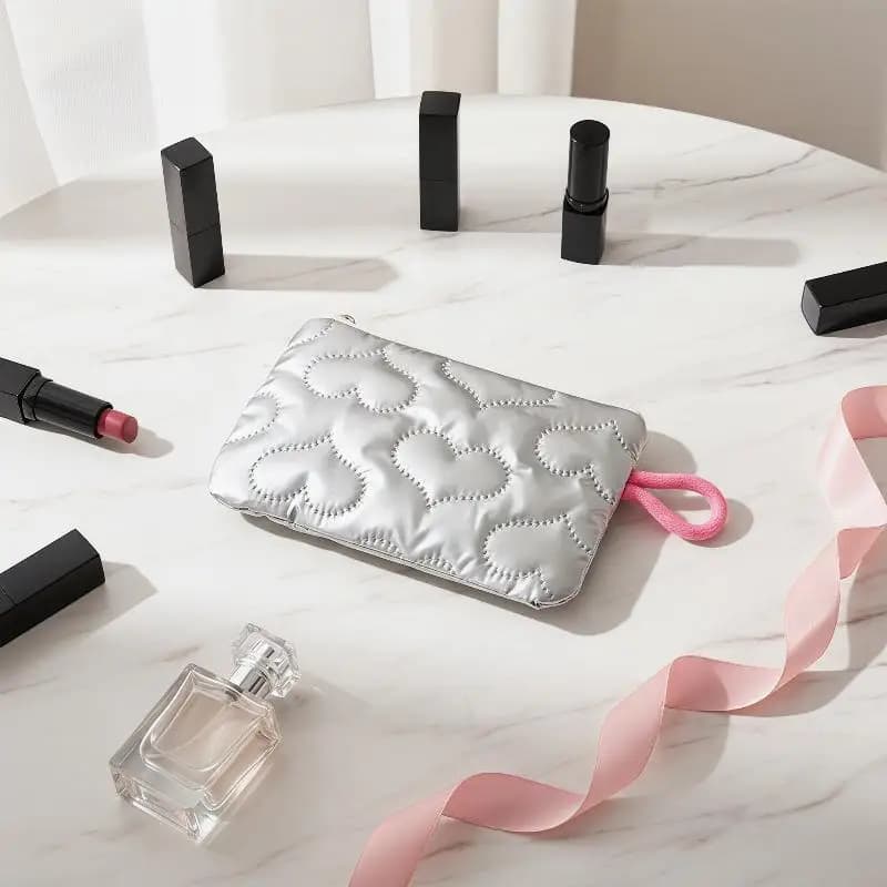 Portamonete a forma di cuore con fiocco, pochette cosmetica con cerniera, porta assorbenti igienici, porta carte portatile, porta auricolari, cavo dati, chiavi, rossetto