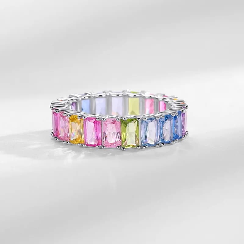 Ring with Rainbow Zirconia for Women, Silver S925, Ring with Gem Set in Single Strand, Light Luxury Jewelry in European and American style