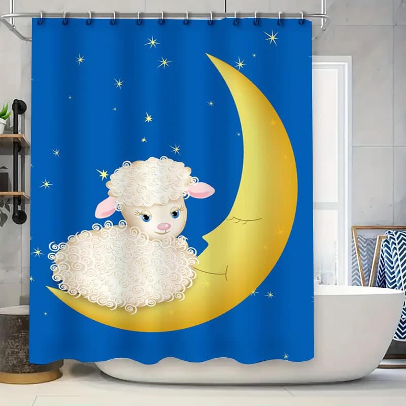 Stravagante tenda da doccia con pecora illuminata al luna, stelle blu scintillanti, perfetta per i bagni dei bambini