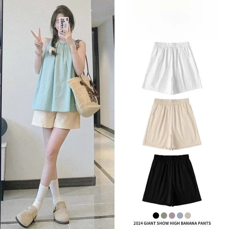 Pantaloncini a vita alta in cotone e lino da donna, nuovo stile estivo, casual, a gamba larga, da lavoro, sportivi, a tre quarti, per esterno
