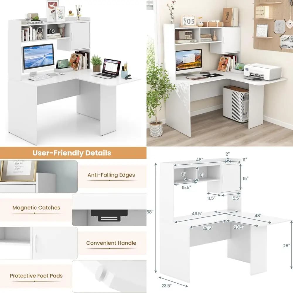 Giantex Scrivania a forma di L con gabbia, scrivania ad angolo bianca con ripiano e armadietto, tavolo per PC portatile Tavolo per computer da gioco Workstat