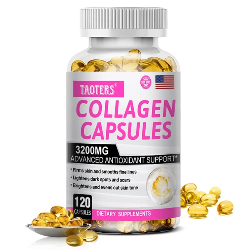 Capsule di collagene, contenenti vitamina E, vitamina C e L-glutatione, antiossidante, favoriscono la salute di pelle, unghie e articolazioni.