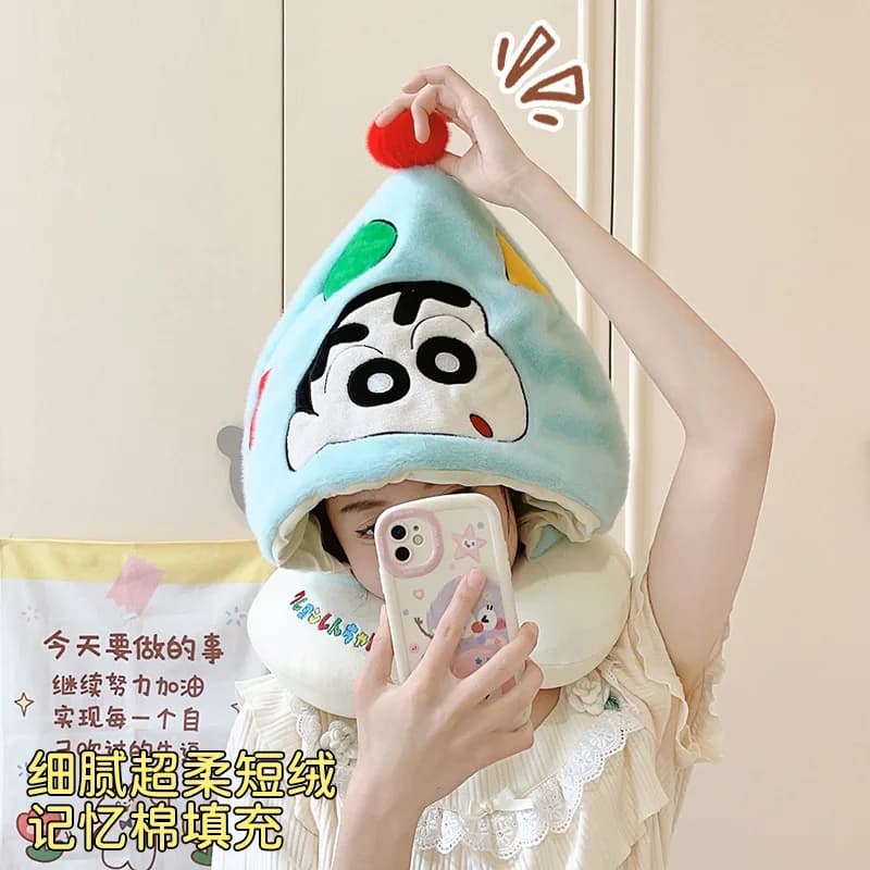 Cute Hooded U-Shaped Pillow Cartoon Crayon Shin-Chan Girls Home Nap Pillow Kawaii Student Travel Airplane Office Neck Pillow