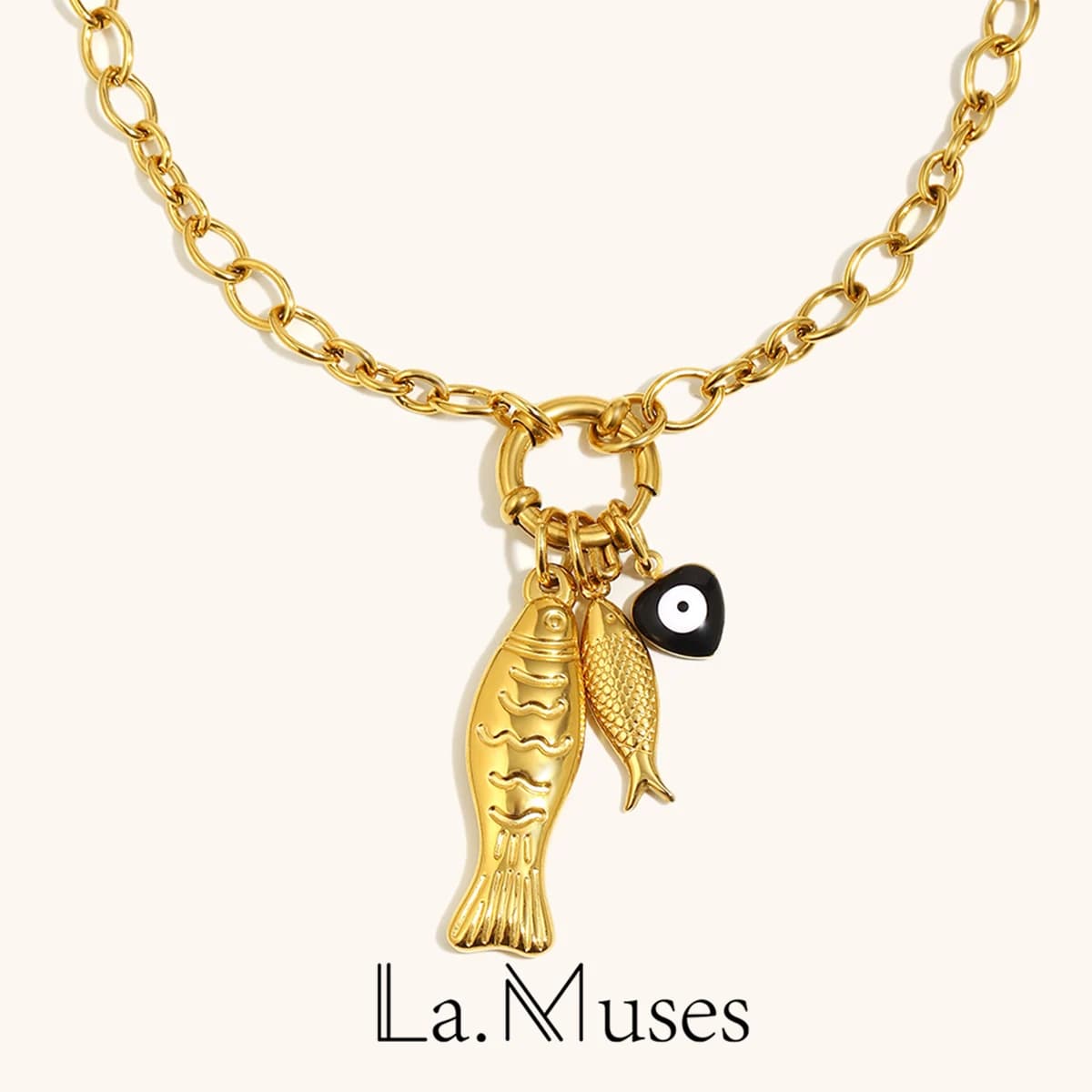 La. Muses Small Fish Drop Oil Eye Pendant Spring Buckle Stainless Steel Women's Necklace PVD Plated Fashion Jewelry Gift