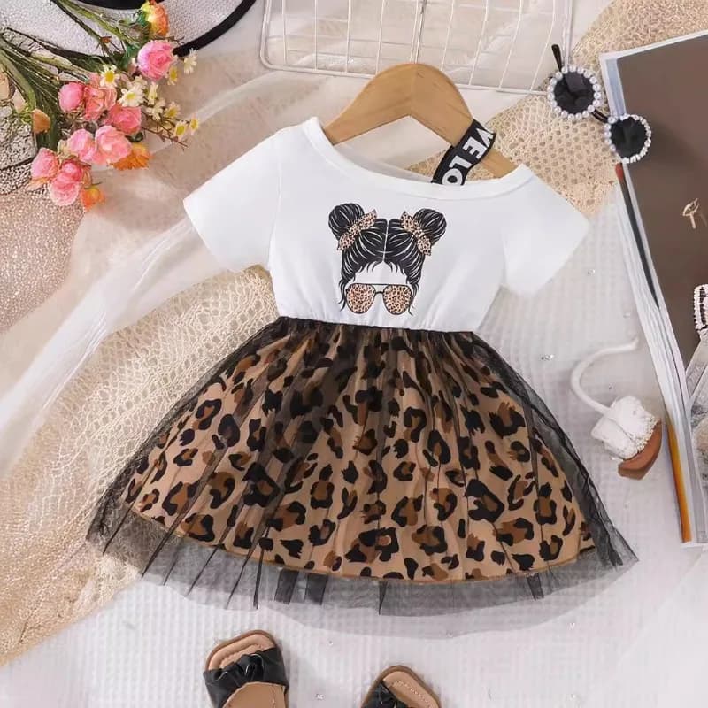6M-3Y Estate Bambini Ragazze Vestono a maniche corte Alto e basso Off-spalla Halter T-shirt Patchwork Stampa leopardata Gonna per bambini in pizzo