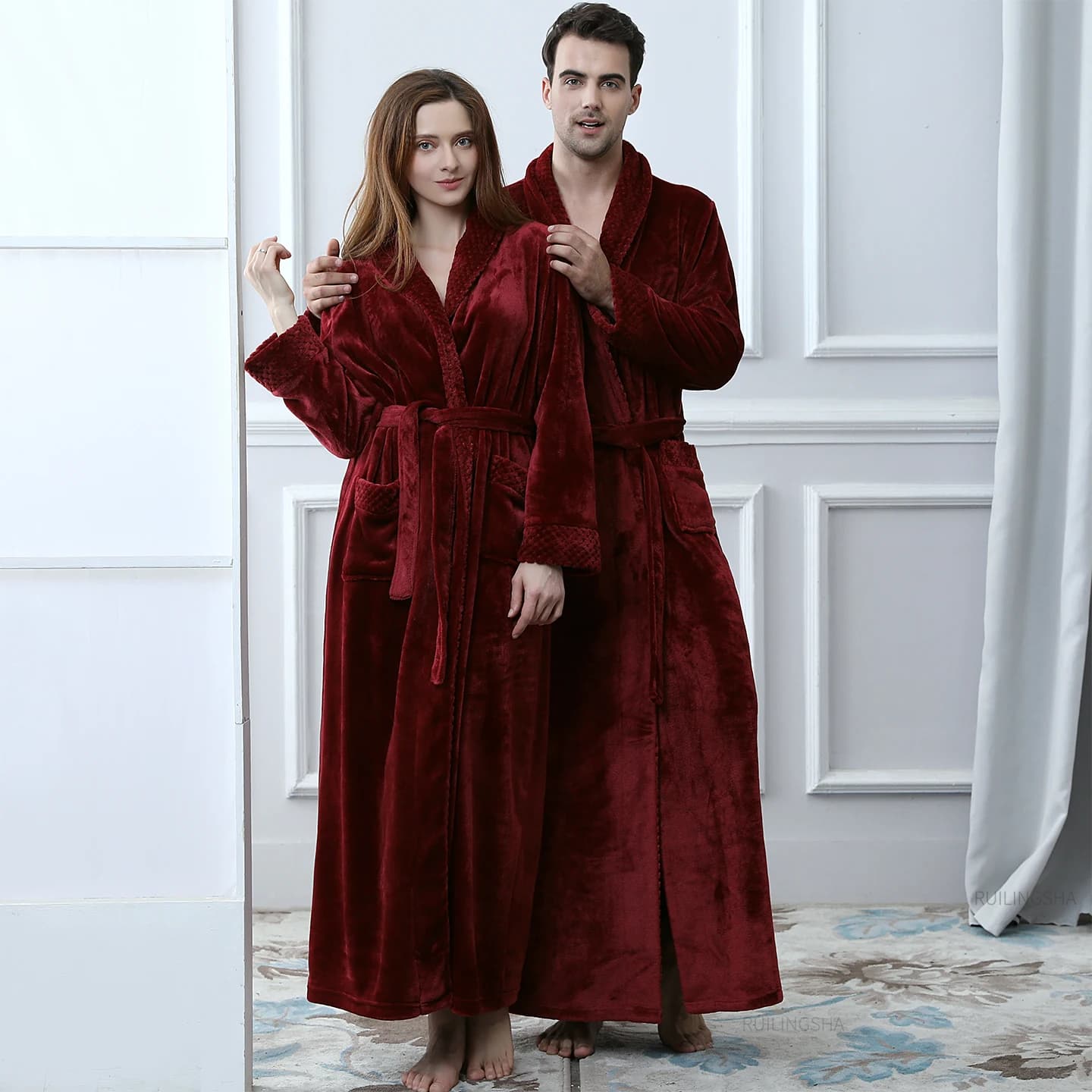 Women Extra Long Warm Jacquard Flannel Shawl Bathrobe Plus Size Winter Coral Fleece Bath Robe Shower Dressing Gown Men Sleepwear