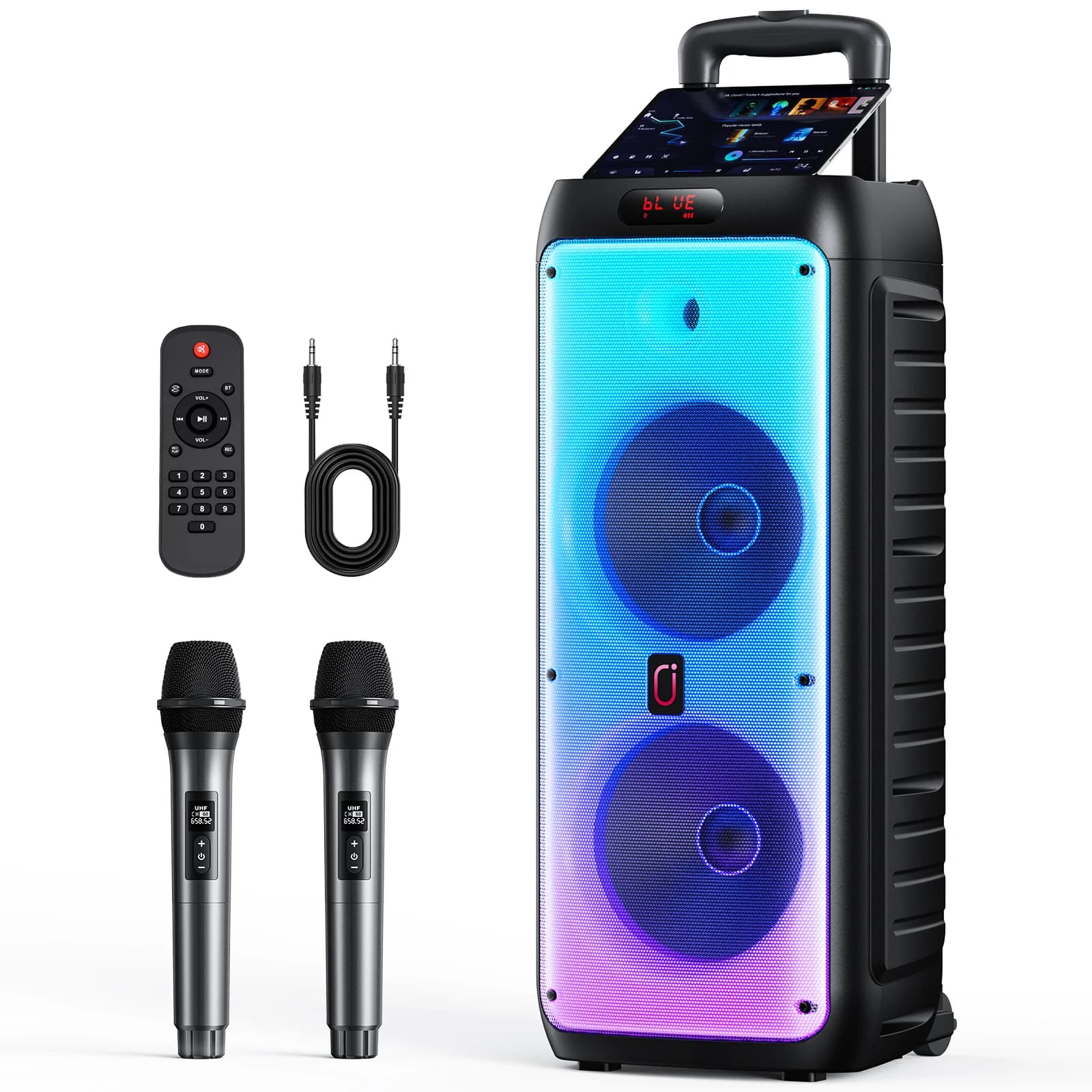 Altoparlante Bluetooth grande T38, altoparlante wireless con ruote e asta di spinta, macchina per karaoke con due microfoni con Tws