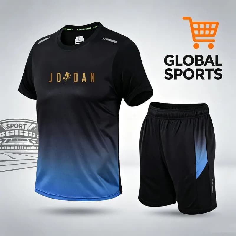 Unisex gradient sports set, quick drying breathable T-shirt, gold "JORDAN" letter printed running fitness jogging leisure sports