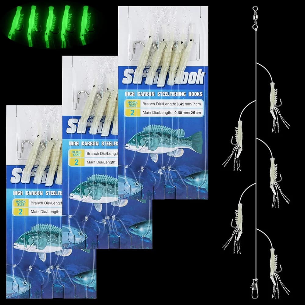 15 Pz = 3 Confezioni Acqua Salata Luminoso Gamberetti Pesca Esche Vive Impianti di Pesca Piccoli pesci Richiamo Bagliore Sgombro Trota amo da pesca rig
