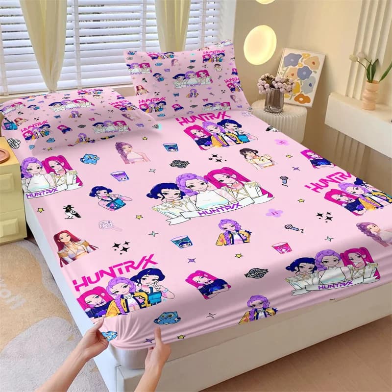 Set of 3 sheets with elasticized corners K-pop HUNTR/X with 2 pillowcases, sheets with drawings of girls, soft, with deep pockets, for the decoration of the bedroom of the boys.