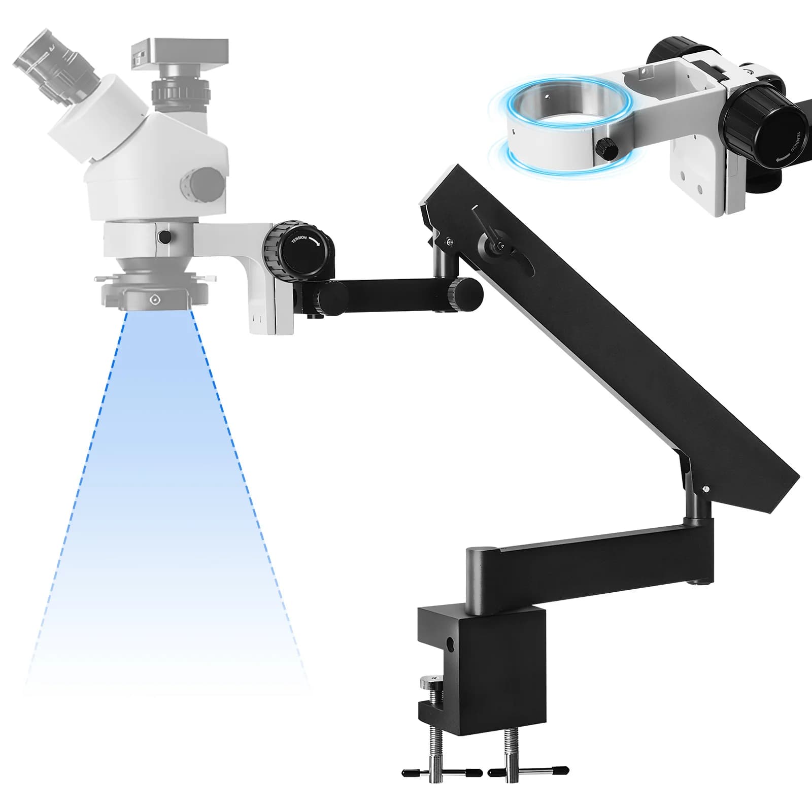 Supporto a braccio articolato con morsetto da tavolo e regolazione su e giù per microscopio binoculare stereo