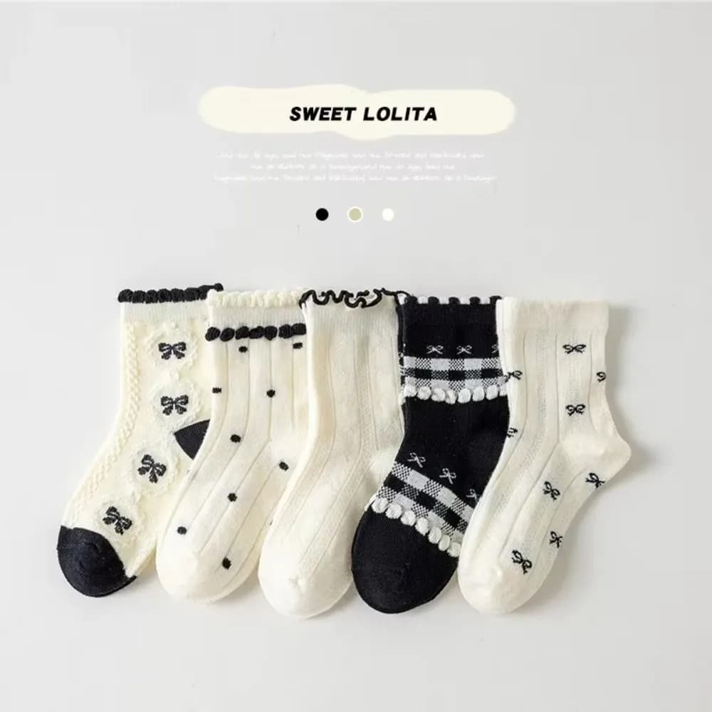 5Pairs 5 Pairs Set Cotton Crew Socks Polka Dot Print Cotton Material Frilly Bow Socks Sweet Bow Design Ruffle Trim