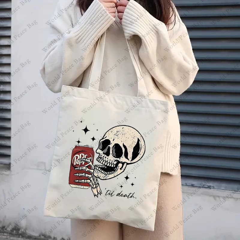 1 pz fino alla morte Dr. Pepper Skeleton. Borsa a tracolla in tela con motivo borsa a tracolla in tela per il viaggio quotidiano borsa per la spesa riutilizzabile da donna
