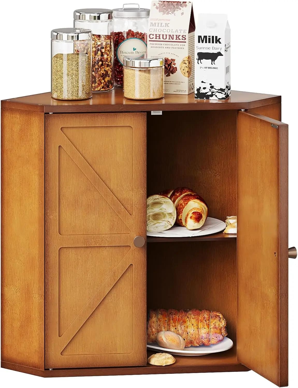 Double Layer Bamboo Pane Container, Large Capacity Storage Organizer in Rustic Style, Ancient Brown Color