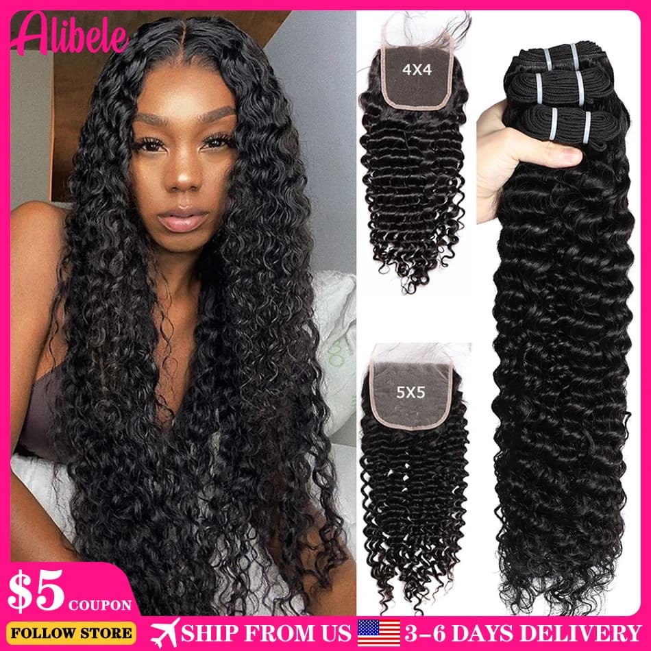 Lace closure 5x5 HD with packs Brazilian deep wave curly hair band with lace closure 4x4 Human hair band Remy with closure