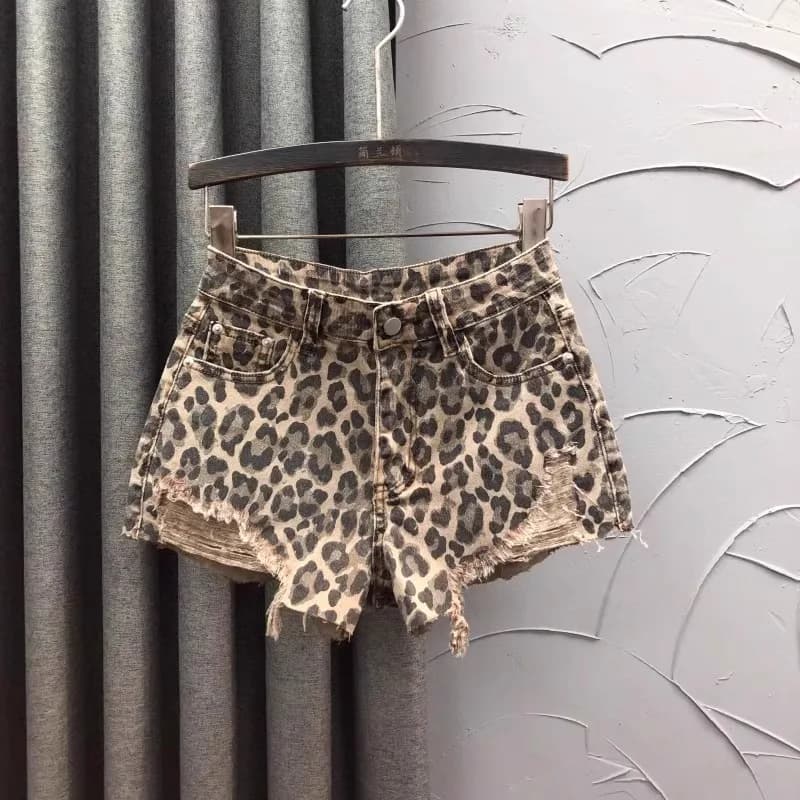 Shorts in denim a vita alta con stampa leopardata personalizzata, da donna, alla moda estiva, a gamba larga con bordo grezzo, hot pants