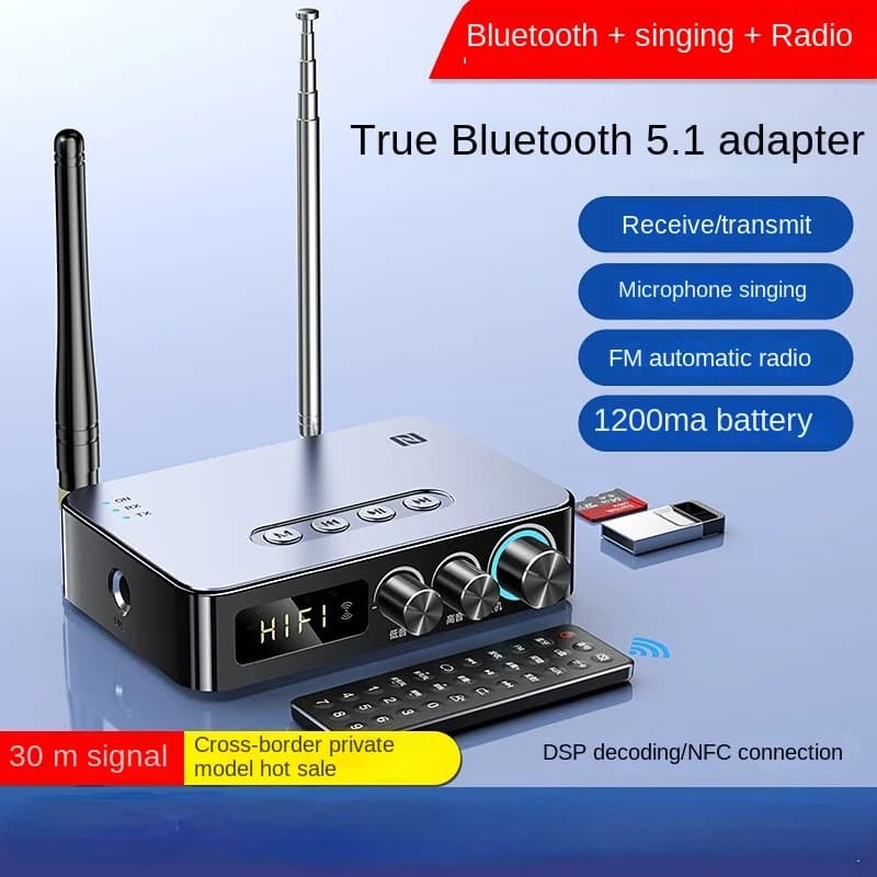 M9Pro 5.1 Ricevitore audio Bluetooth Trasmettitore FMRadio KSinging 4-in-1 NFC HiFi DSP Chip Scheda Aux TF da 3,5 mm Supporto disco USB