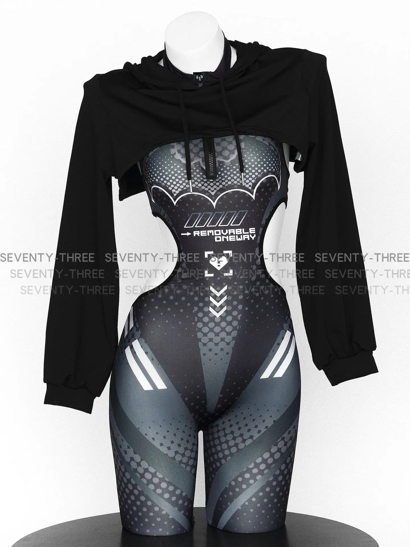 Costume Cosplay Anime Game Robot AI Agent Girl Uniforme Dark Punk Cyber Bodysuit con Cappuccio Corto