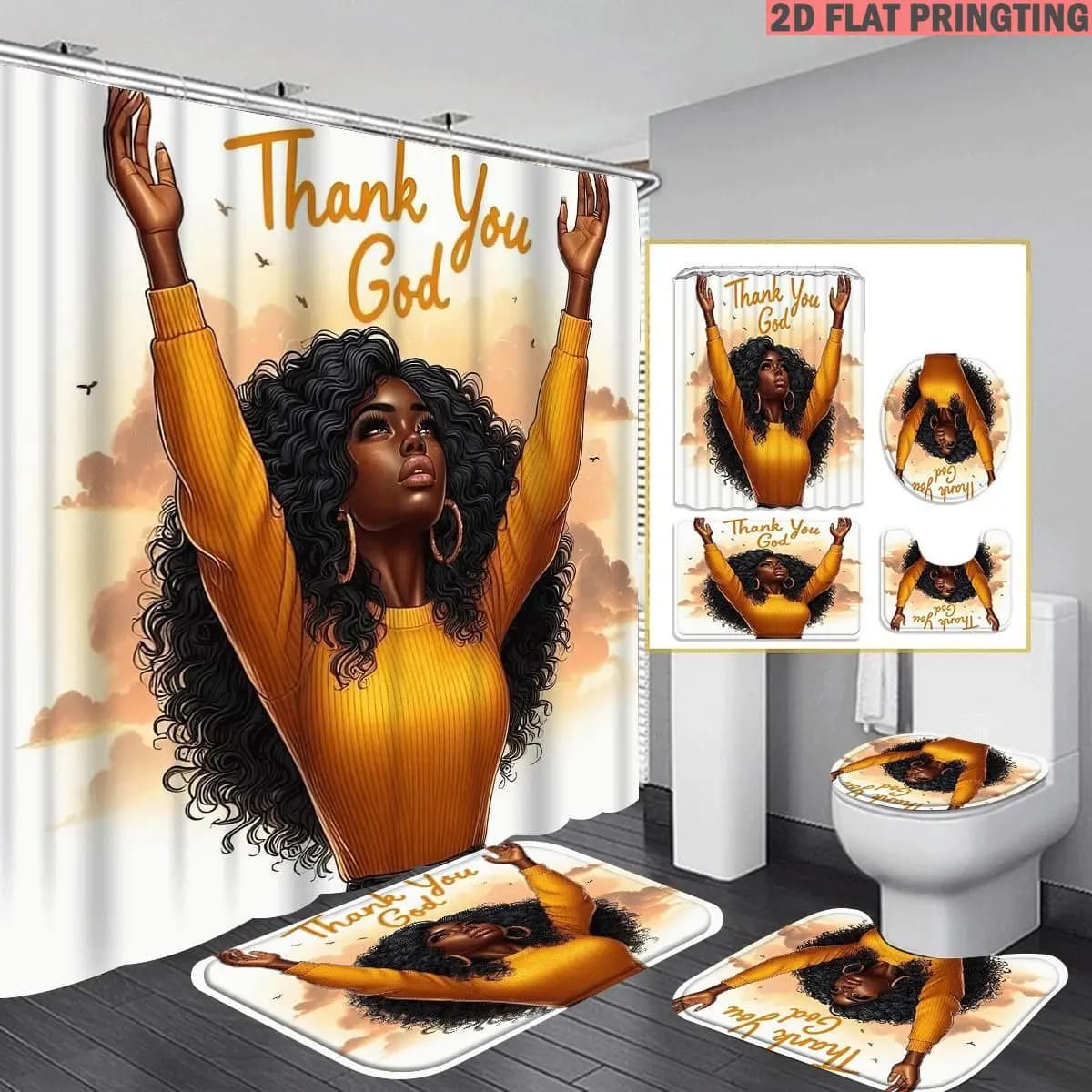 1pc/4pcs Shower Curtain and Bath Mat Set with Print Thank You God Woman with Raised Hands and Clouds Non-Slip Bathroom Decor