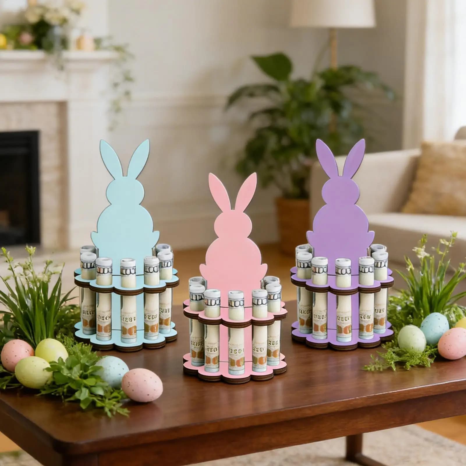 Set di 3 Porta Soldi a Forma di Coniglietto in Legno, Organizzatore di Contanti Pasquale, Decorazione Divertente per Scrivania, Libreria, Regalo per Feste di Compleanno per Bambini e Adulti