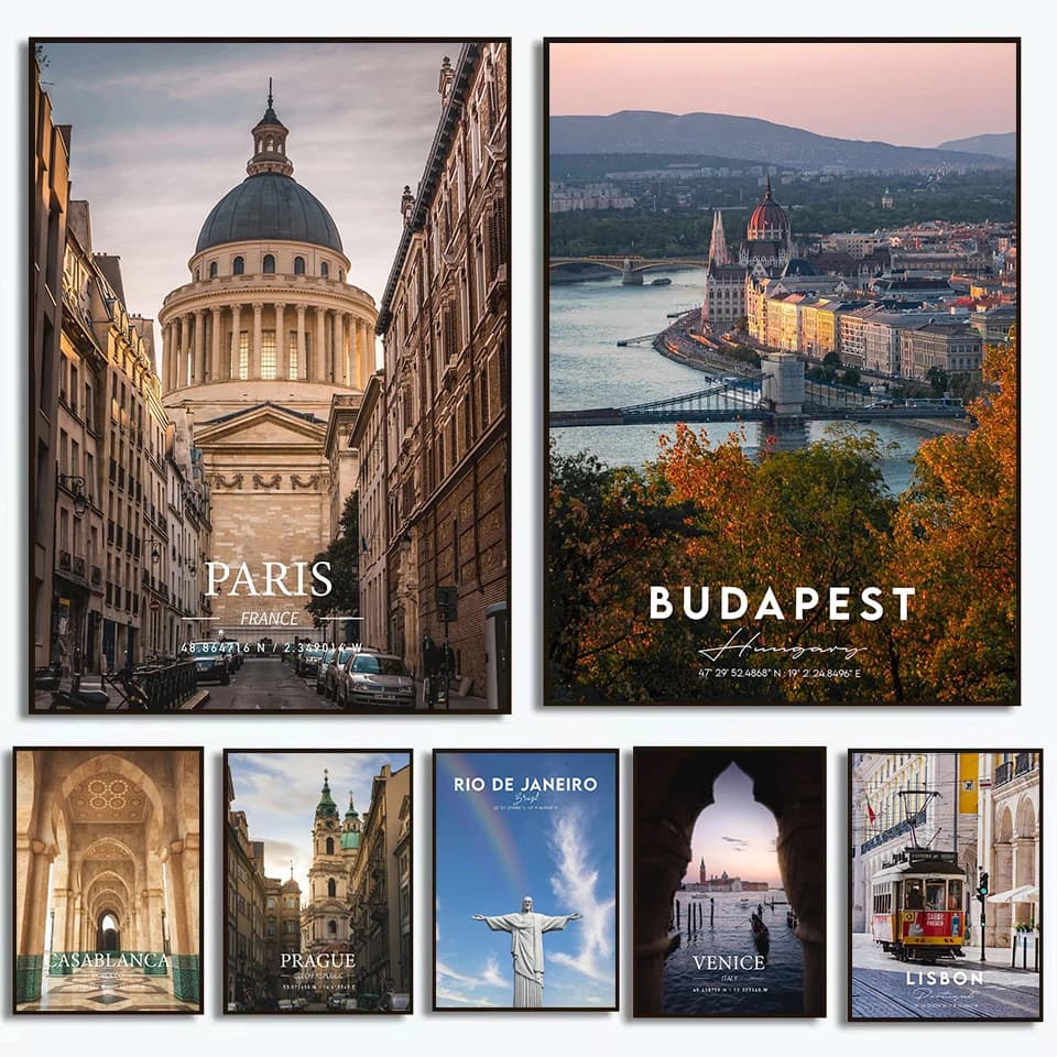 Poster Moderno con Monumenti di Bordeaux, Parigi, Venezia, Praga, Pittura Diamantata, Quadri d'Arte da Parete per Arredamento Interno