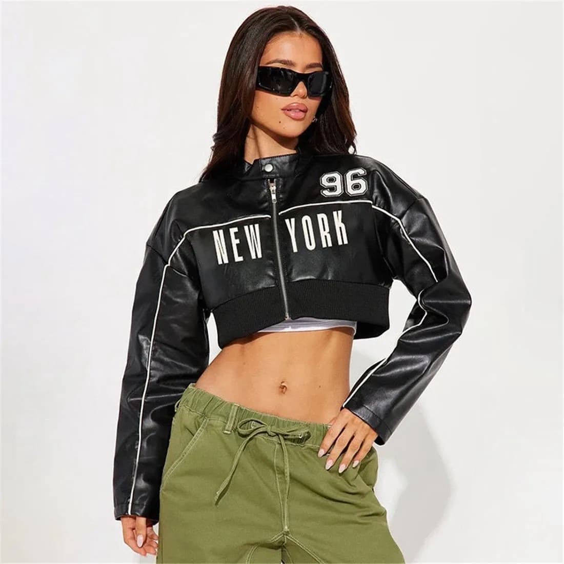 Fashionable Short Zipper Leather Jacket Women's Spring Autumn New Style Slim Fit Print Splicing Sexy Style Long Sleeve Coat