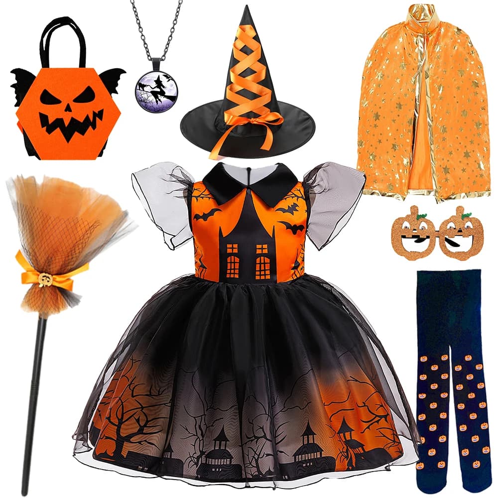 Halloween dress for girls with pliers print and haunted house, dresses with black orange sleeves, witch dress for parties
